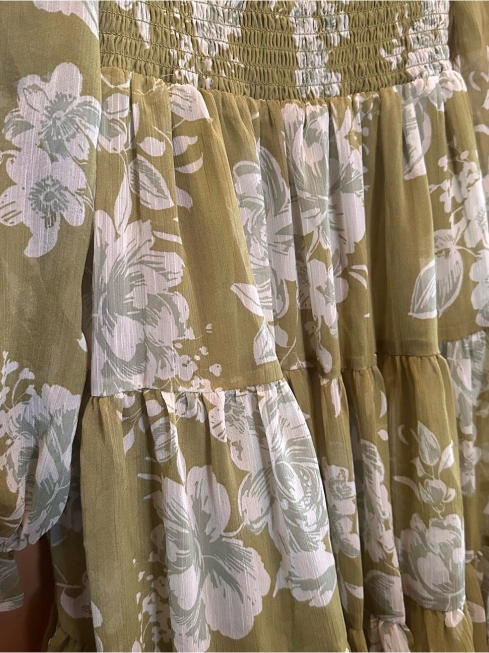 Patrons of Peace Green Floral Tiered Smocked Mini Dress Babydoll Small - Picture 8 of 9